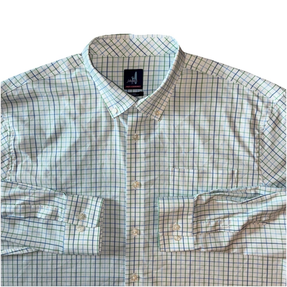 johnnie-o Prep-formance Mens XL Plaid Button Down Shirt Blue Green Casual